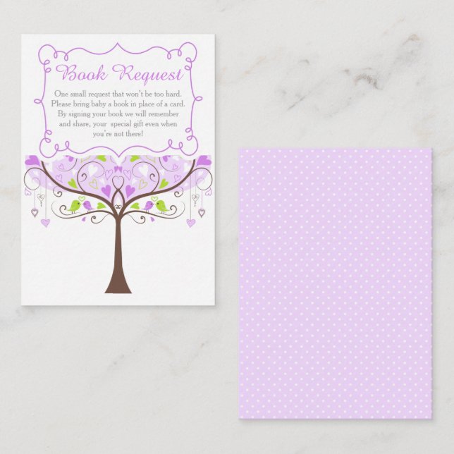 Carte D'accompagnement Purple and Green Bird Baby Shower Book Request (Devant / Derrière)