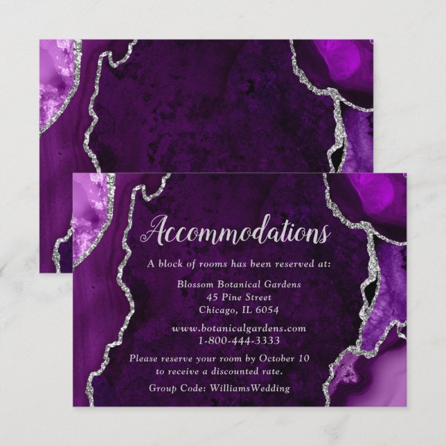 Carte D'accompagnement Purple and Silver Agate Wedding Accommodations (Devant / Derrière)