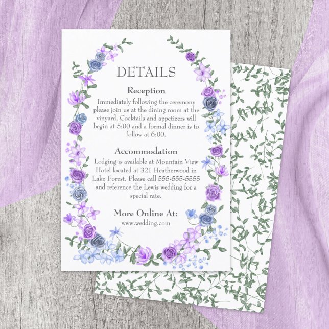 Carte D'accompagnement Purple Bleu clair Rose Garden Vine Détails Mariage (purple, lavender, dusty blue mixed floral patterns, rose vines, bouquets wedding details enclosure )
