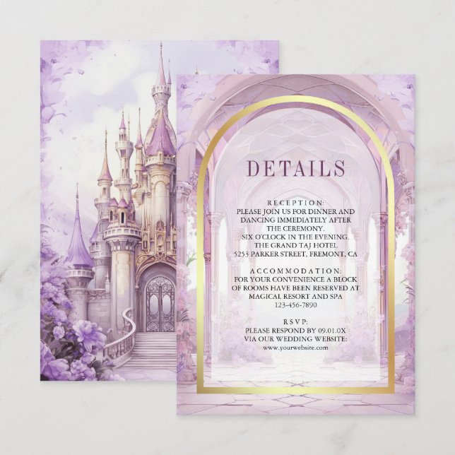 Carte D'accompagnement Purple Floral Fairytale Castle Wedding Details (Devant / Derrière)