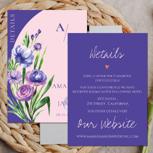 Carte D'accompagnement Purple Floral Monogram Blush Pink Détails du Maria