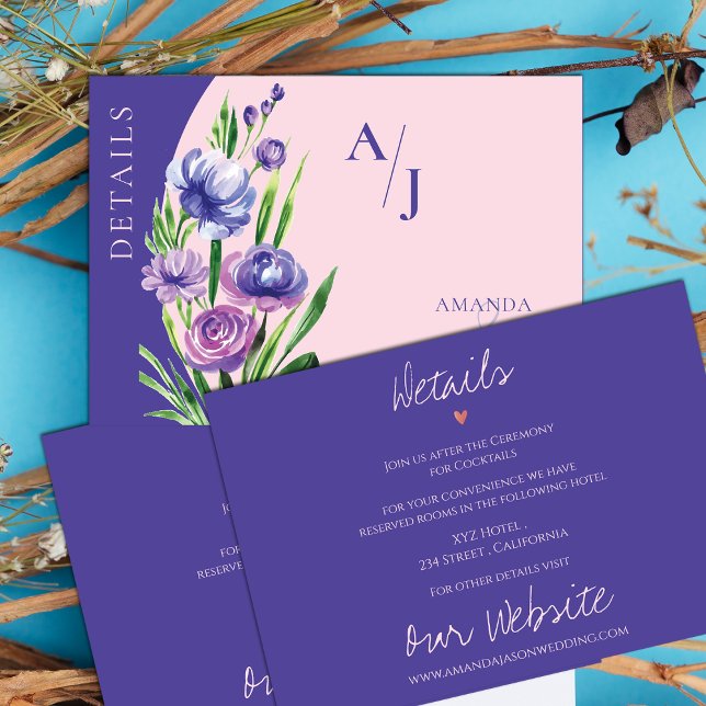Carte D'accompagnement Purple Floral Monogram Blush Pink Détails du Maria (Purple Floral Monogram Blush Pink Wedding Details Enclosure Card)