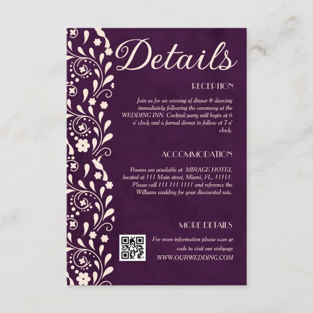 Carte D'accompagnement Purple Floral Wedding Details QR code (Devant)