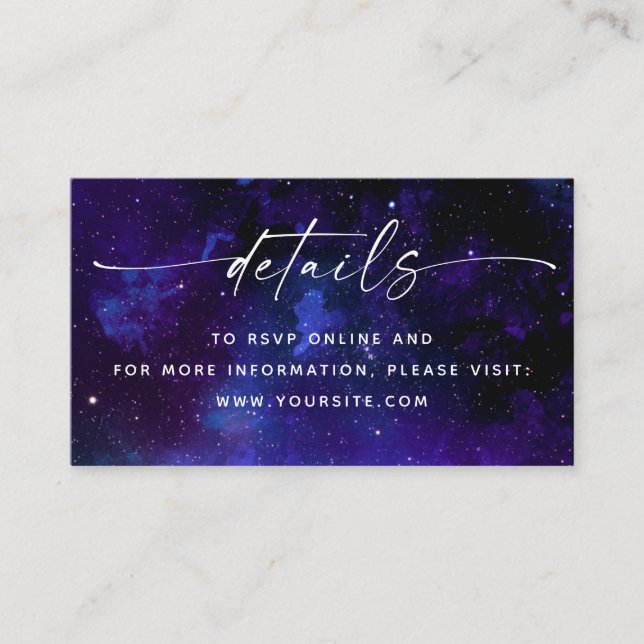 Carte D'accompagnement Purple Galaxy Wedding Details + QR Code. Celestial (Devant)