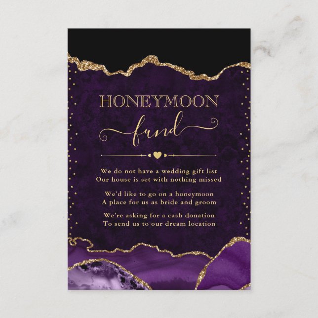 Carte D'accompagnement Purple & Gold Agate Mariage Honeymoon Fund (Devant)