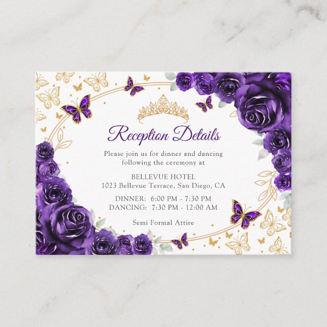 Carte D'accompagnement Purple Gold Quinceanera Reception Details (Devant)
