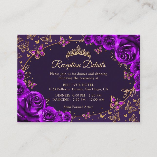 Carte D'accompagnement Purple Gold Quinceanera Reception Details (Devant)