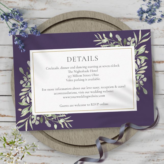 Carte D'accompagnement Purple Greenery Détails du Mariage Floral (Purple Greenery Floral Wedding Details Enclosure Card)