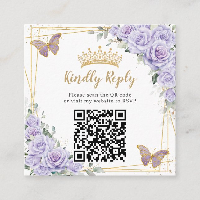 Carte D'accompagnement Purple Lavender Floral Gold Quinceañera QR Code (Devant)