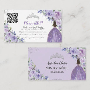 Carte D'accompagnement Purple Lilac Floral Argent Quinceañera QR Code