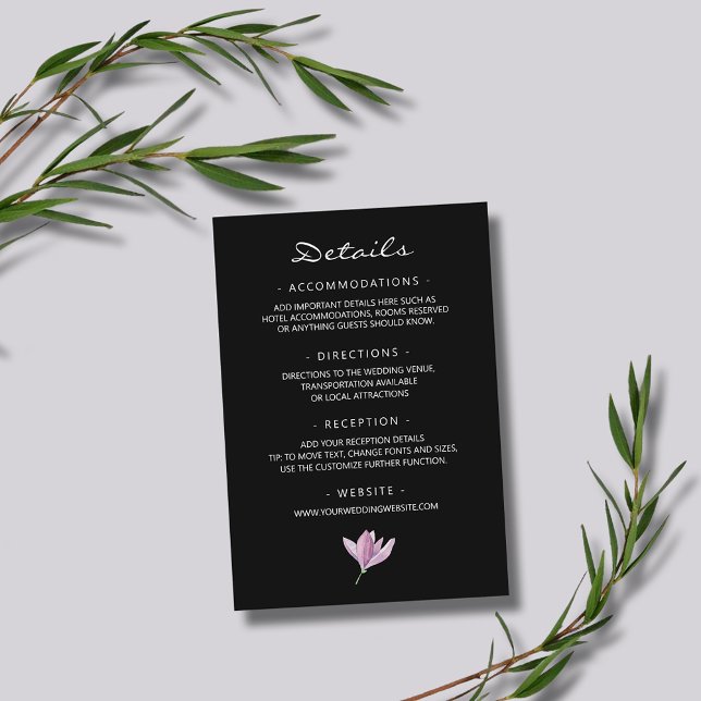 Carte D'accompagnement Purple Magnolia sur Black Floral Détails sur le Ma (Purple Magnolia on Black Floral Wedding Details Enclosure Cards)