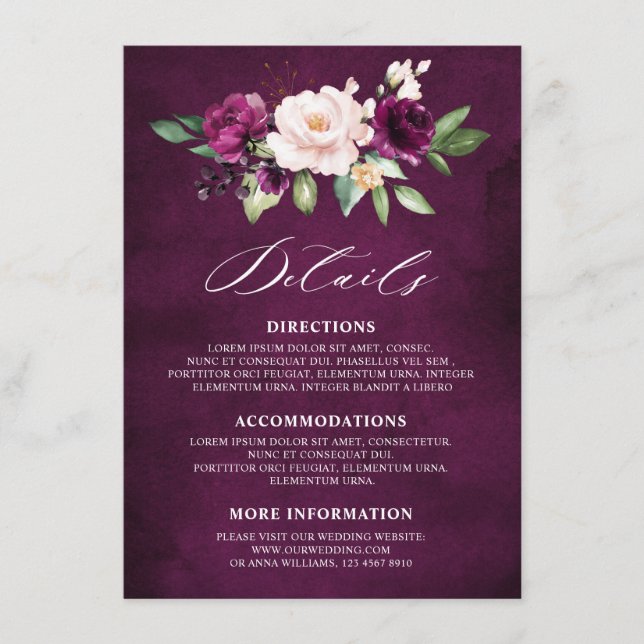 Carte D'accompagnement Purple Plum Blush Rose Roses Détails du Mariage (Devant)
