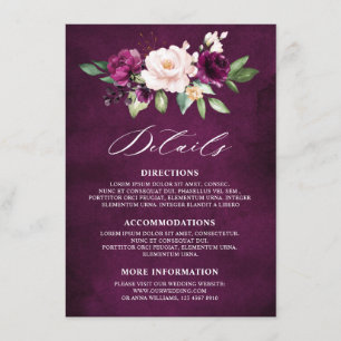 Carte D'accompagnement Purple Plum Blush Rose Roses Détails du Mariage