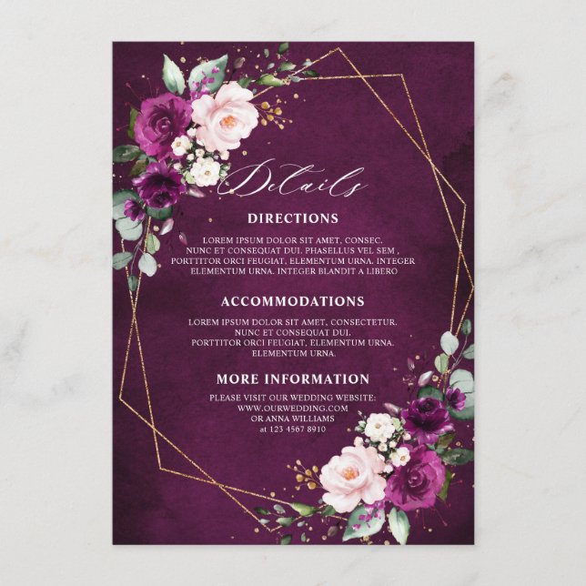 Carte D'accompagnement Purple Plum Blush Rose Roses Détails Mariage Enclo (Devant)