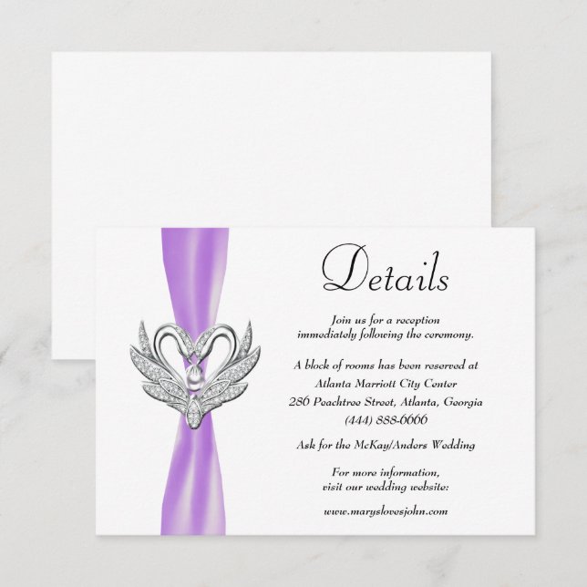Carte D'accompagnement Purple Ribbon Silver Swans Détails du Mariage (Devant / Derrière)