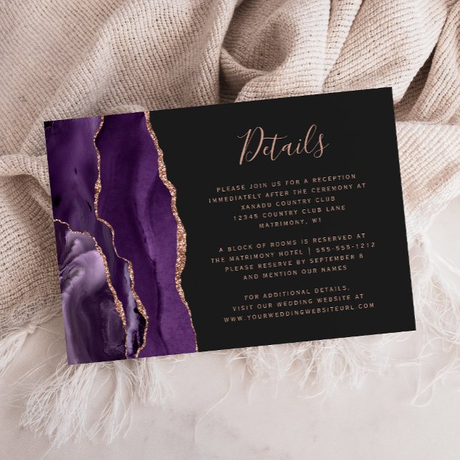 Carte D'accompagnement Purple Rose Gold Agate Dark Mariage Détails (Créateur téléchargé)