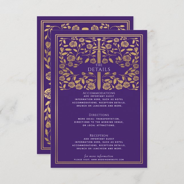 Carte D'accompagnement Purple Royal Medieval Mariage Détails (Devant / Derrière)