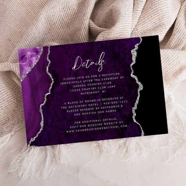 Carte D'accompagnement Purple Silver Agate Script Wedding Details (Créateur téléchargé)
