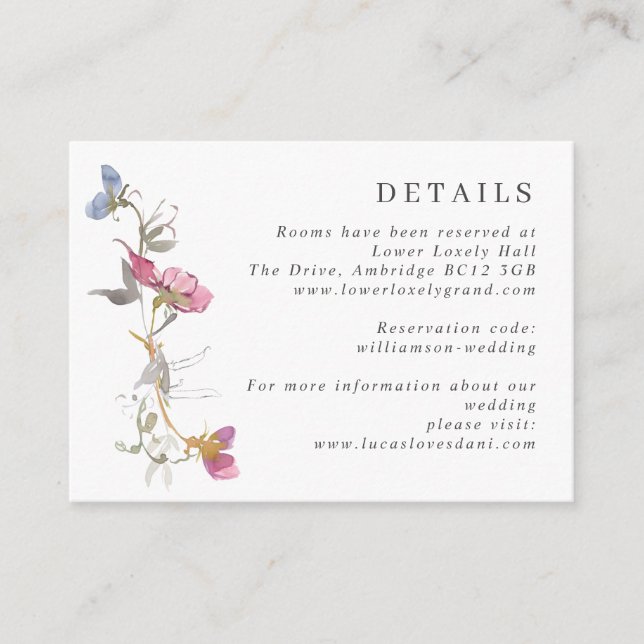 Carte D'accompagnement Purple & Violet Sweet Pea Détails du Mariage Enclo (Devant)