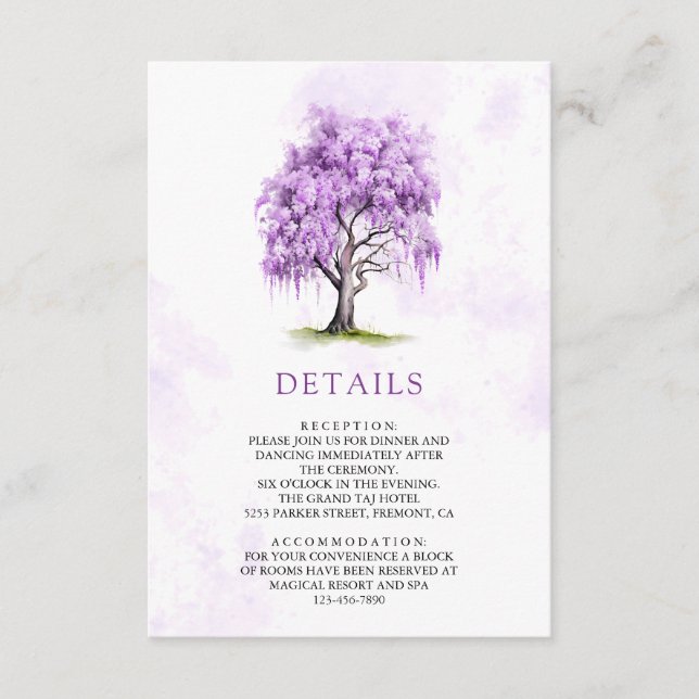 Carte D'accompagnement Purple Wisteria Floral Tree Wedding Details (Devant)