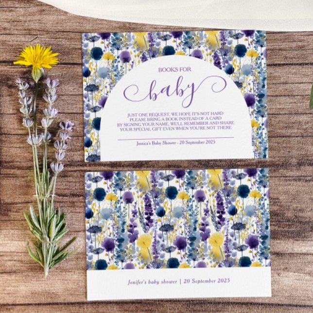 Carte D'accompagnement Purple Yellow Watercolor Fleur sauvage Livres pour (Celebrate your mama-to-be moment in full bloom with this elegant wildflower diaper raffle.)