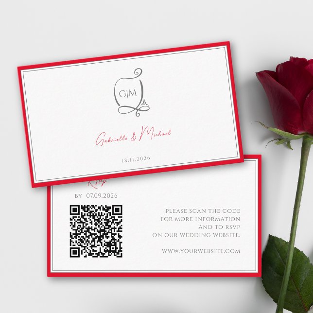 Carte D'accompagnement QR Cherry Red Simple Élégant Monogramme RSVP Maria (Créateur téléchargé)
