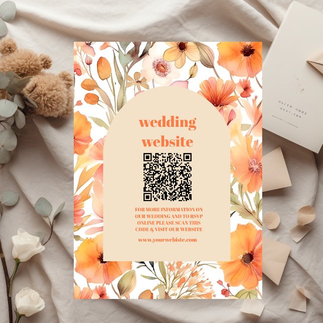 Carte D'accompagnement qr code Aquarelle rose orange Fleur sauvage Mariag (Créateur téléchargé)