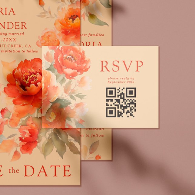Carte D'accompagnement Qr Code Automne Brûlé Orange Floral Mariage RSVP (Créateur téléchargé)
