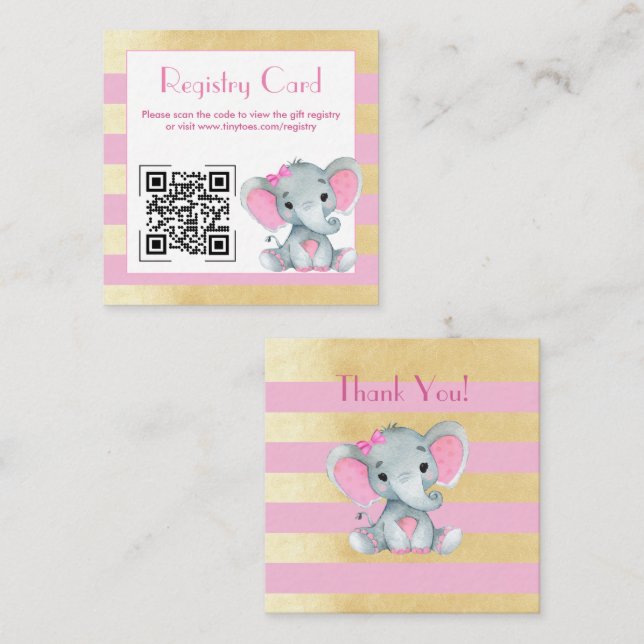 Carte D'accompagnement QR Code Baby Elephant Registry Gold Pink Card (Devant / Derrière)