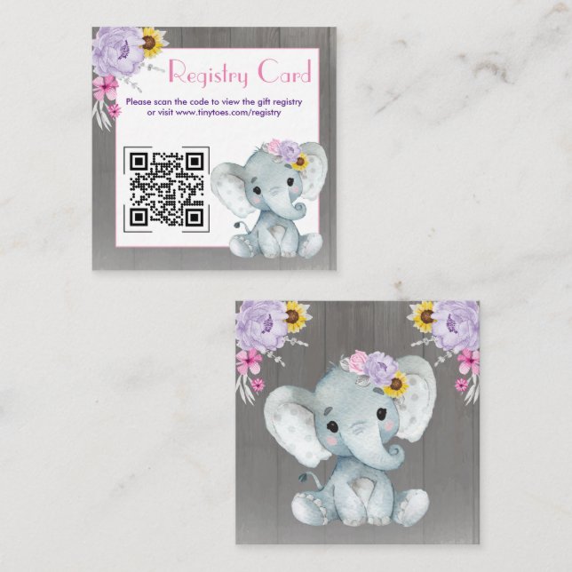 Carte D'accompagnement QR Code Baby Elephant Registry Purple Pink Yellow (Devant / Derrière)