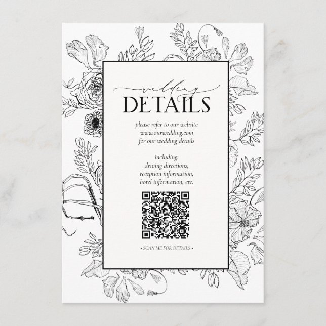 Carte D'accompagnement QR Code Black White Floral Détails du Mariage (Devant)