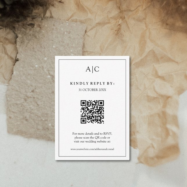 Carte D'accompagnement QR Code Blanc Monogramme Mariage RSVP (Créateur téléchargé)