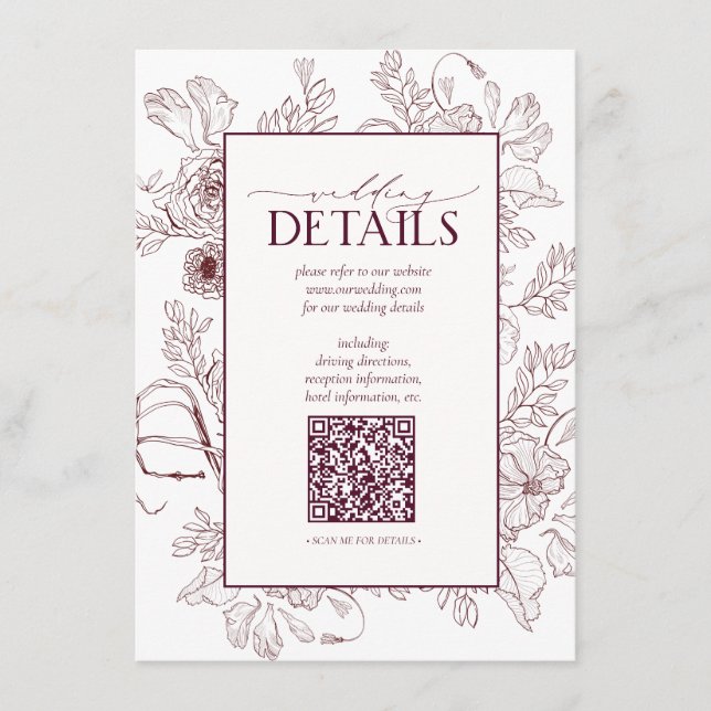 Carte D'accompagnement QR Code Bourgogne Détails du Mariage Floral (Devant)