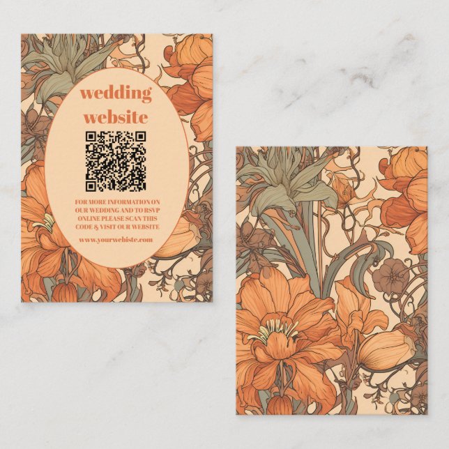 Carte D'accompagnement qr code Burnt Orange Floral Art Nouveau Mariage (Devant / Derrière)