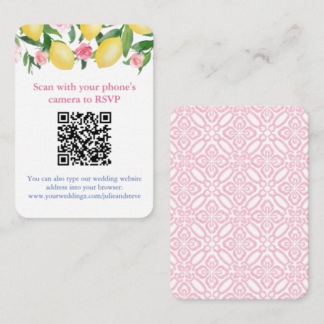 Carte D'accompagnement QR Code Citrons Rose et Blanc en ligne RSVP (Devant / Derrière)