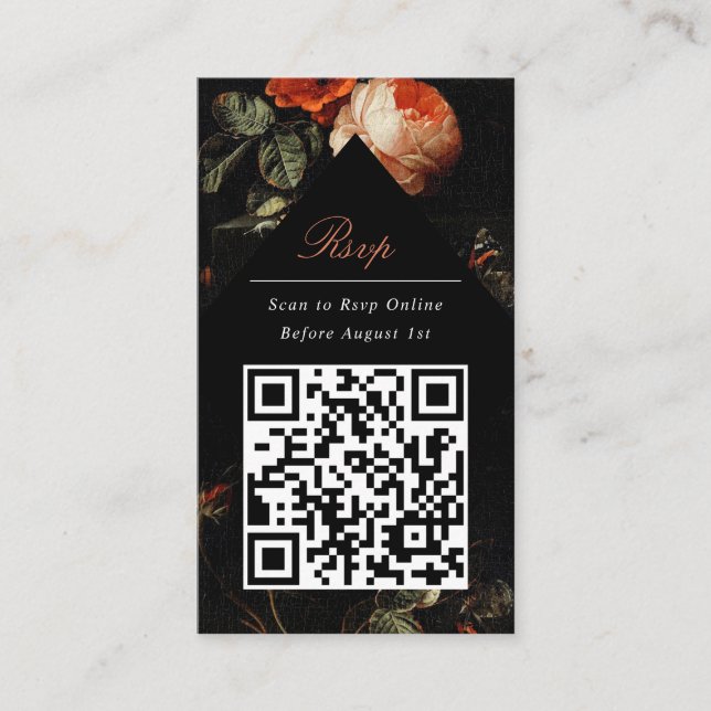 Carte D'accompagnement QR Code Dark Moody Black Floral Website RSVP (Devant)