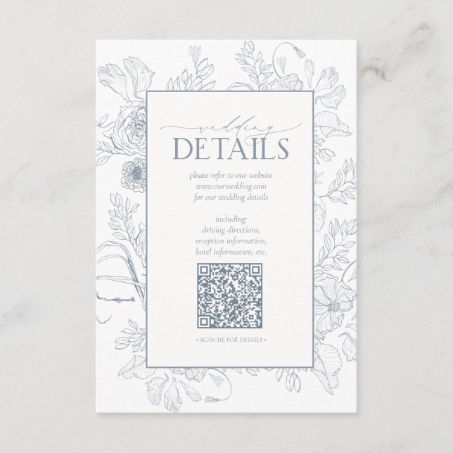 Carte D'accompagnement QR Code Dusty Blue Floral Détails du Mariage (Devant)