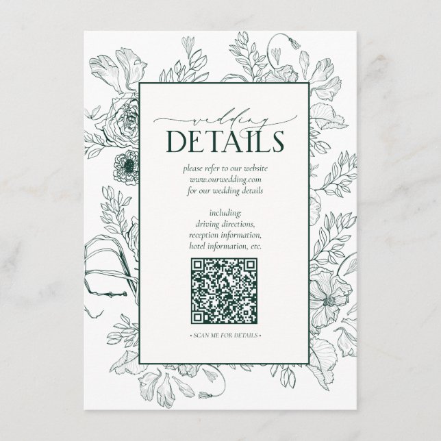 Carte D'accompagnement QR Code Emerald Green Floral Détails du Mariage (Devant)