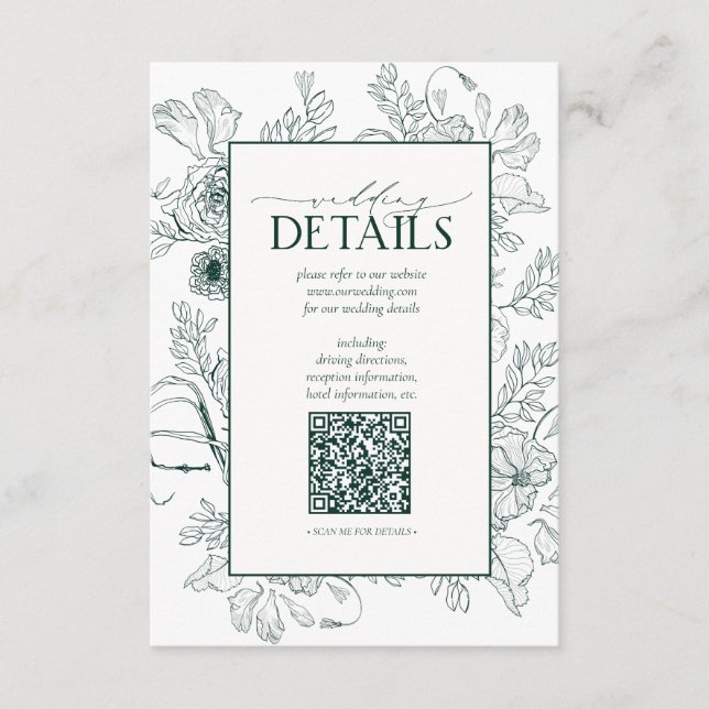 Carte D'accompagnement QR Code Emerald Green Floral Détails du Mariage (Devant)