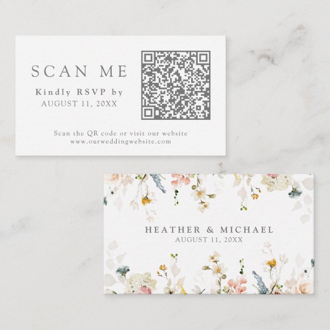 Carte D'accompagnement QR Code et site Mariage Fleurs de jardin RSVP (Devant / Derrière)