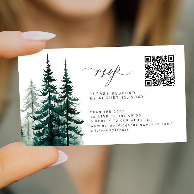 Carte D'accompagnement QR code forêt de pins forêt en ligne RSVP mariage (Créateur téléchargé)