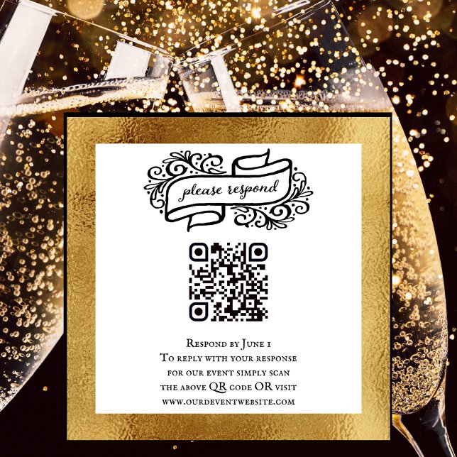 Carte D'accompagnement QR Code Gold Black White Party Événement RSVP (Elegant Unique QR code to send to guests. RSVP card for birthdays and other special events. )