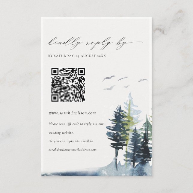 Carte D'accompagnement QR Code Green Blue Pine Forest Birds Wedding RSVP (Devant)