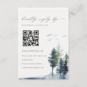 Carte D'accompagnement QR Code Green Blue Pine Forest Birds Wedding RSVP