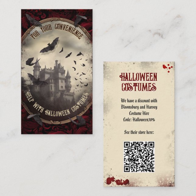Carte D'accompagnement QR Code Halloween Costume Website Dracula Castle (Devant / Derrière)
