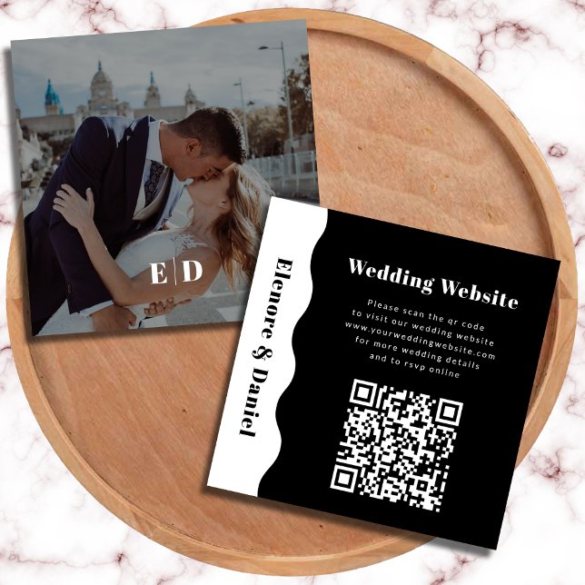 Carte D'accompagnement QR Code Moderne Noir Blanc Côté Vague Mariage phot (QR Code Modern Black White Side Wave Photo Wedding Enclosure Card)