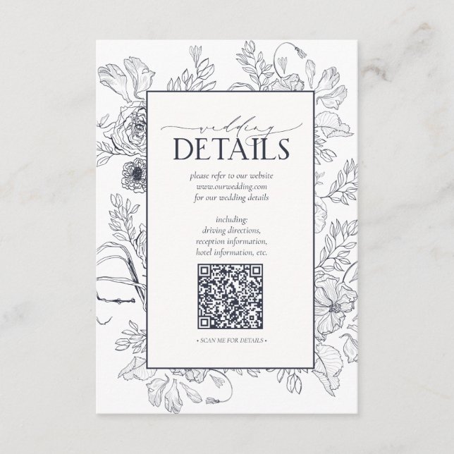 Carte D'accompagnement QR Code Navy Blue Floral Détails du Mariage (Devant)