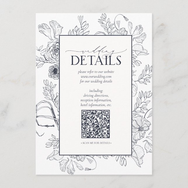 Carte D'accompagnement QR Code Navy Blue Floral Détails du Mariage (Devant)