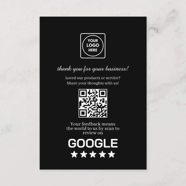 Carte D'accompagnement QR Code Noir | Lien de notation et d'avis Google (Devant)