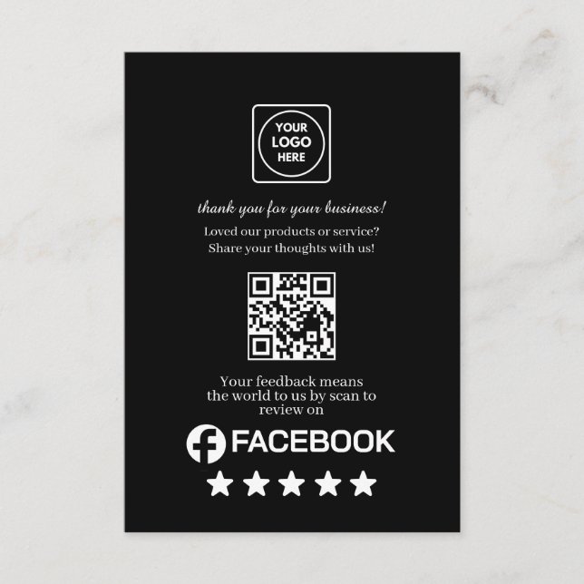 Carte D'accompagnement QR Code Noir | Lien de notation Facebook Business (Devant)